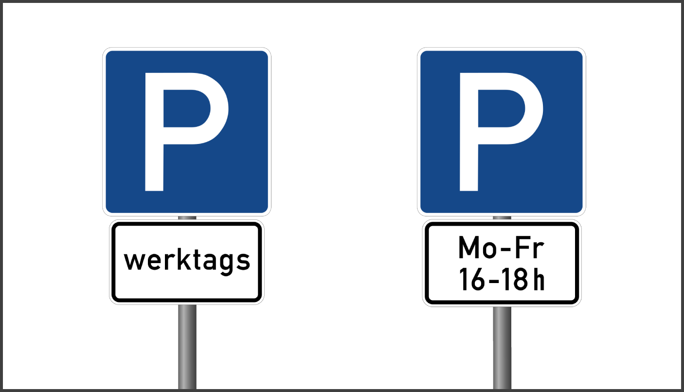 Parken werktags oder Montag-Freitag von 16-18 Uhr